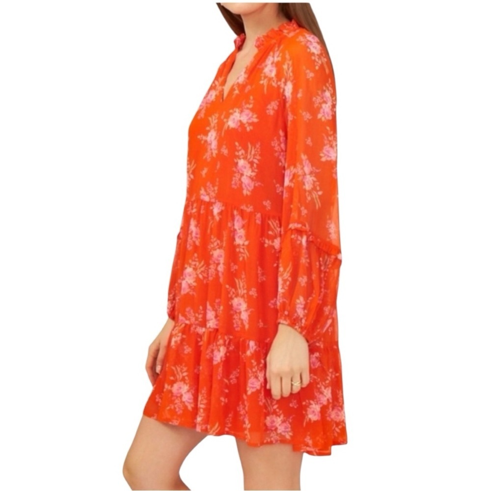 Floral Orange V-Neck Feminine Long Sleeve Midi Dress Wedding Guest Large - Picture 14 of 15